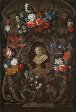 A garland of flowers around a bust of Franciscan brother Franciscus Rodius (Frans van Roye) by 
																	Gualterus Gysaerts